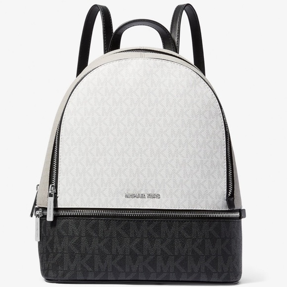 Michael Kors Rhea Medium Color-Block Signature Logo Backpack Optic White Multi - Picture 1 of 8